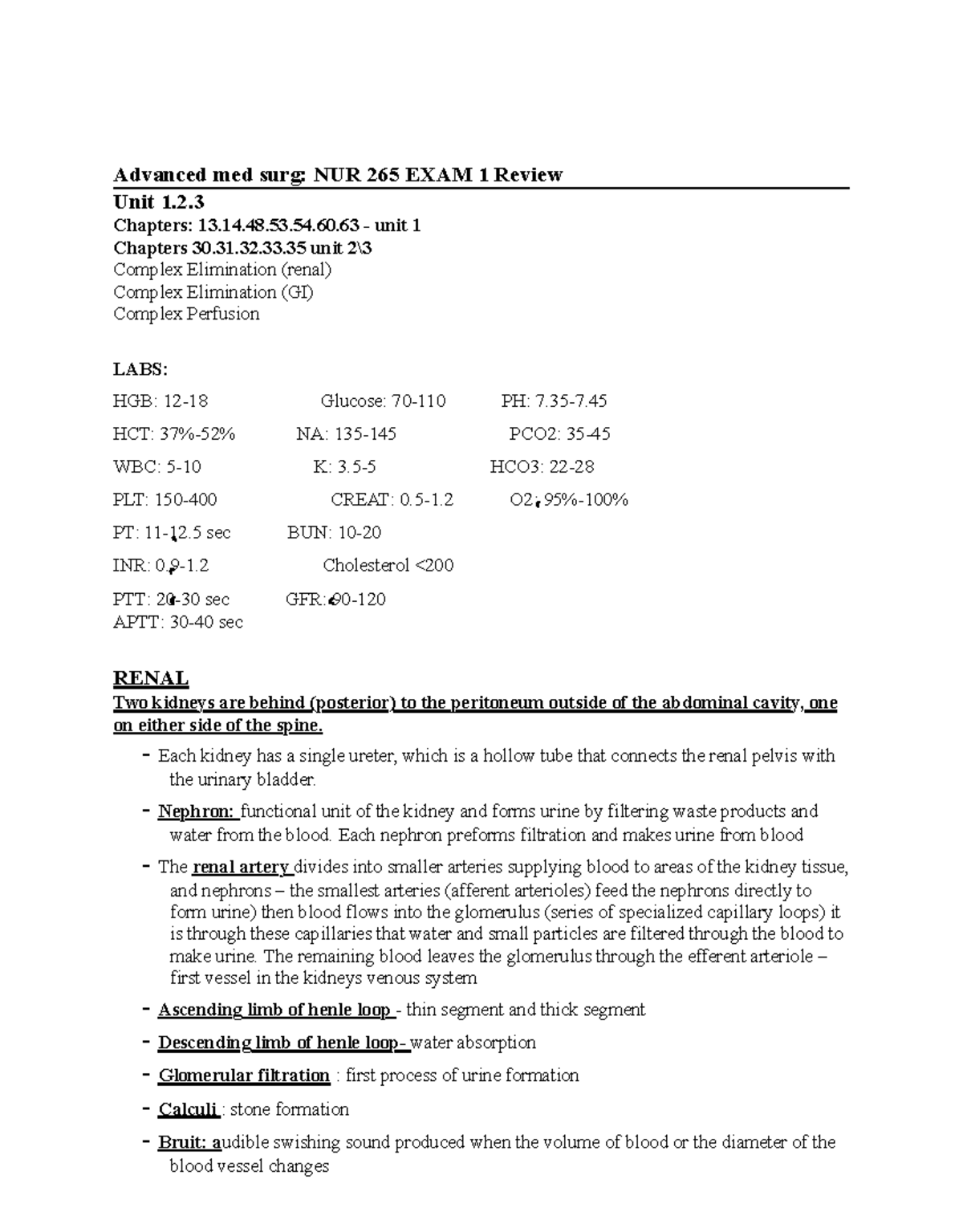NUR 265 Advanced Med-Surg Exam 1 Review: Key Concepts & LAB Values ...