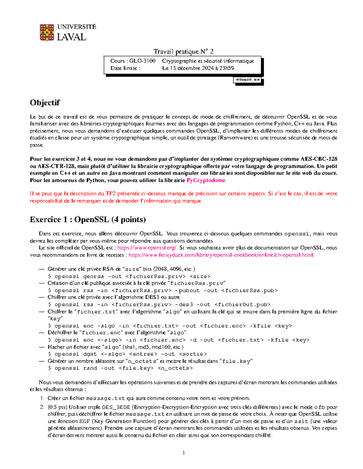 GLO-3100 TP2 - Modes de Chiffrement et OpenSSL - Instructions Complet ...