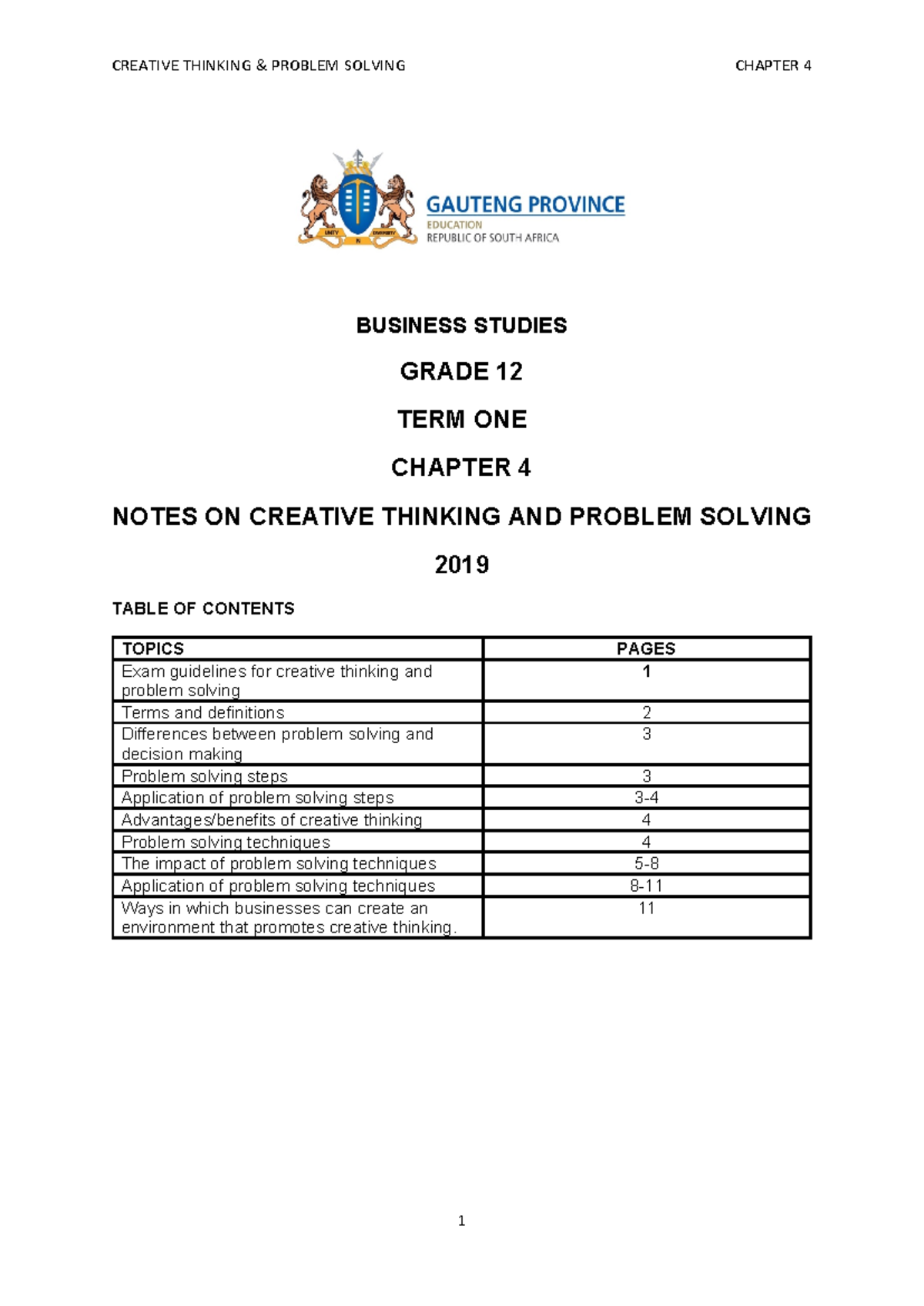Business Studies Grade 12 Notes ON Creative Thinking Problem Solving ...