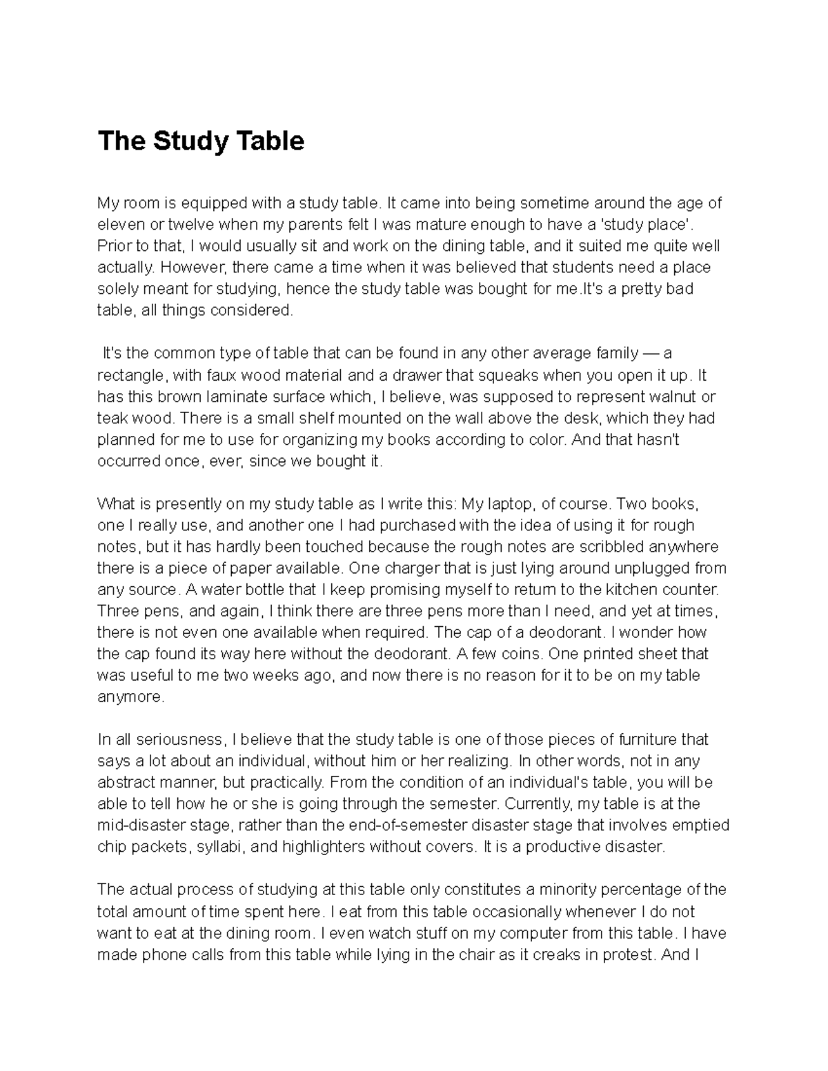 Table Essay: Reflections on My Study Space - Studocu