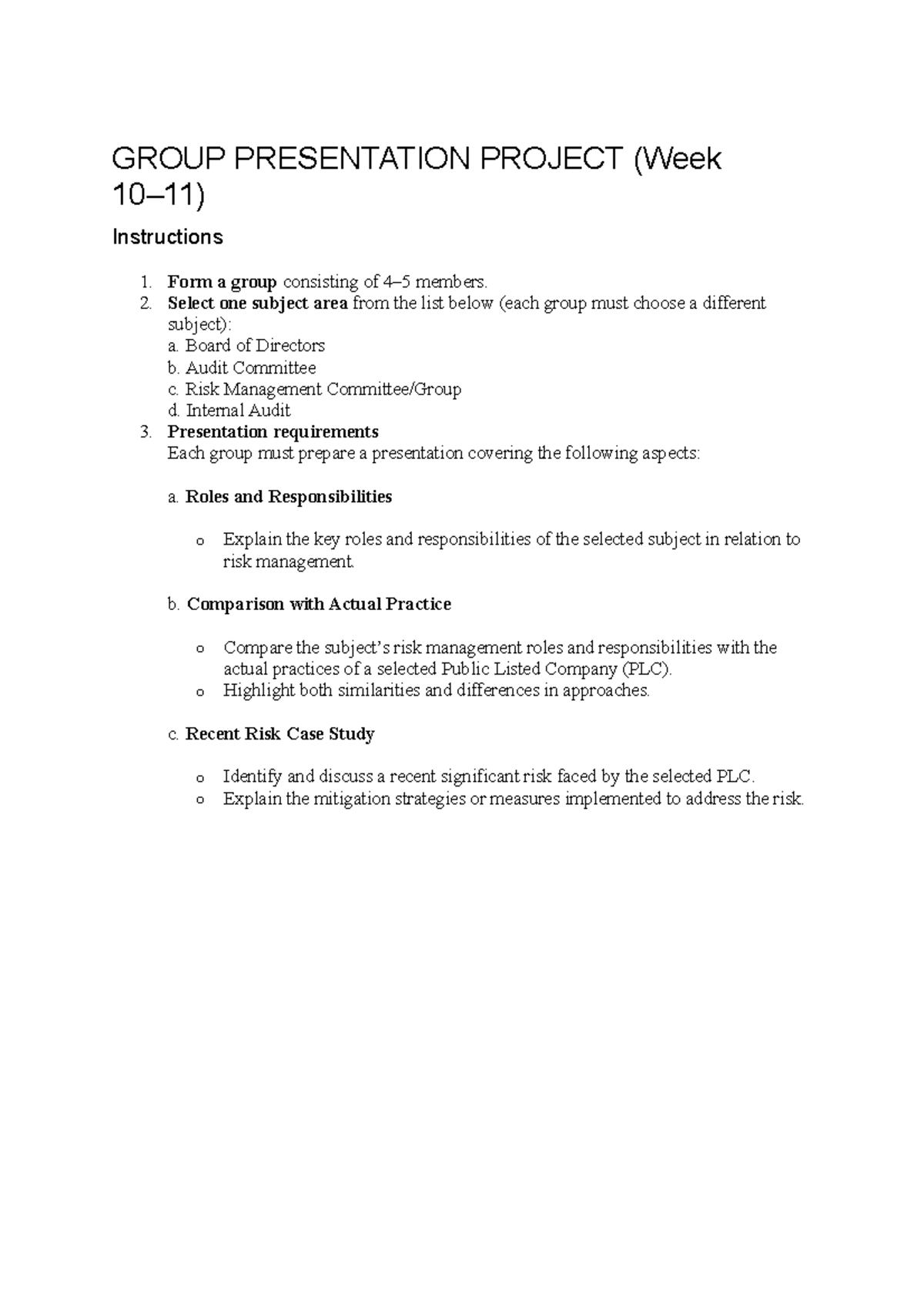 MAF682 Group Presentation Project: Risk Management Analysis Rubric ...