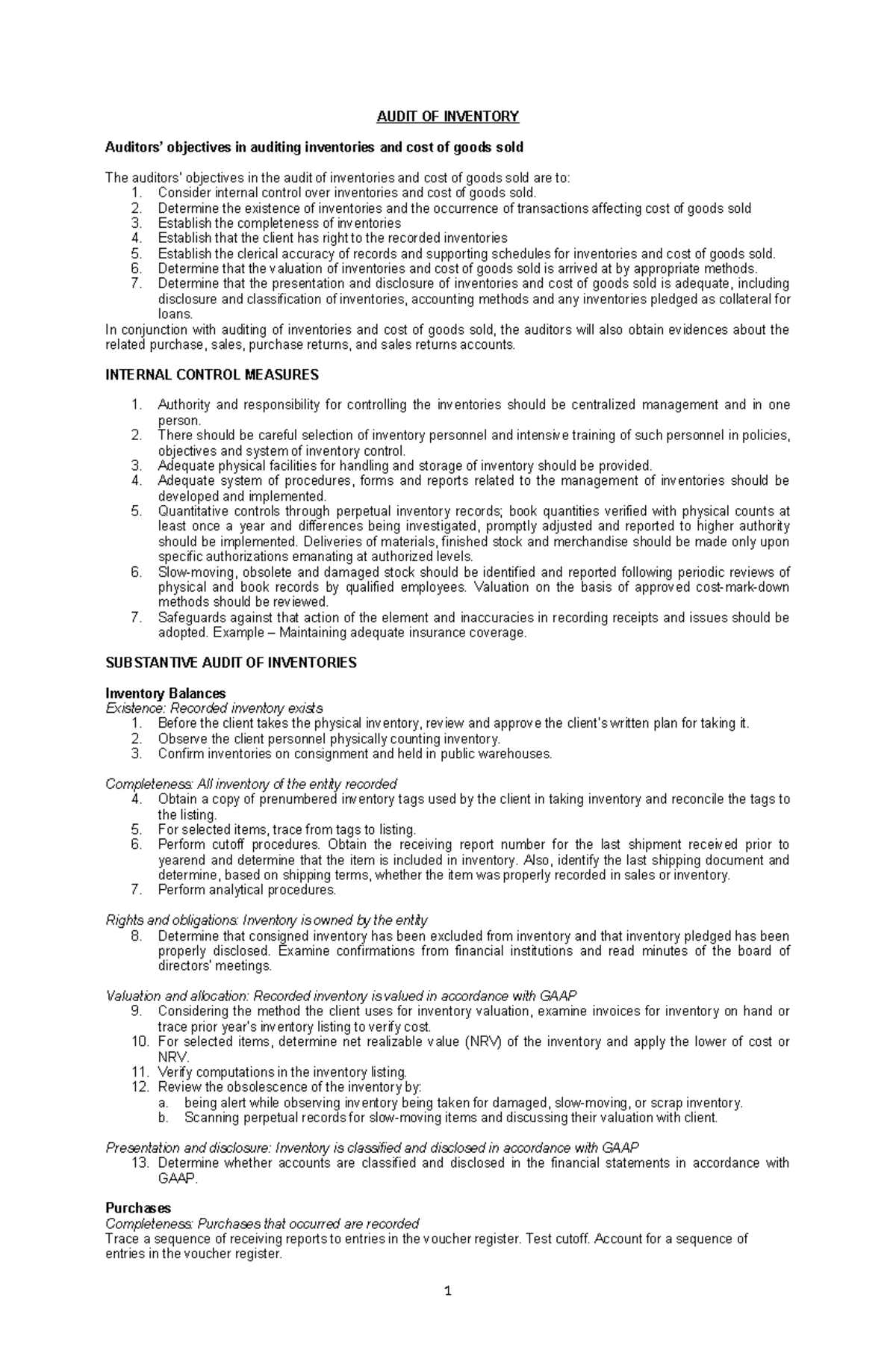 AUDIT OF INVENTORY: Objectives and Internal Control Measures - Studocu