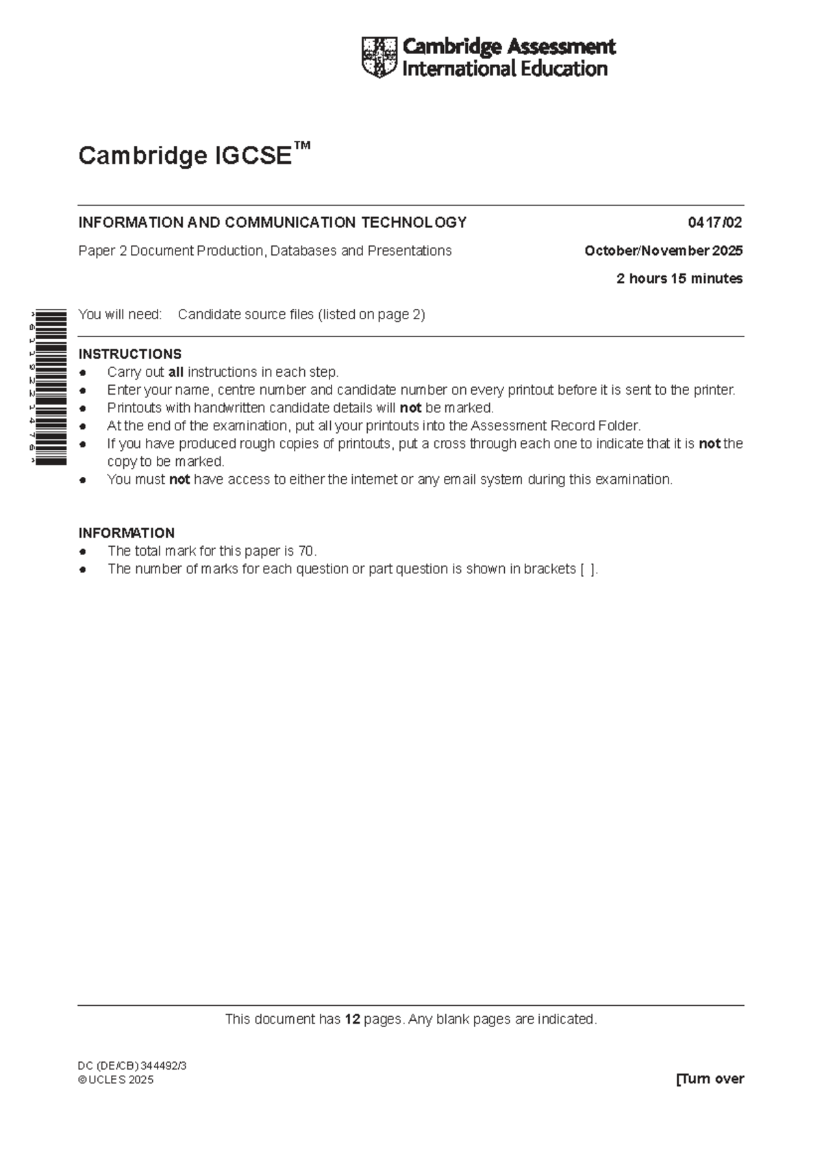 Cambridge ICT 0417/02 Paper 2: Document Production & Databases 2025 ...
