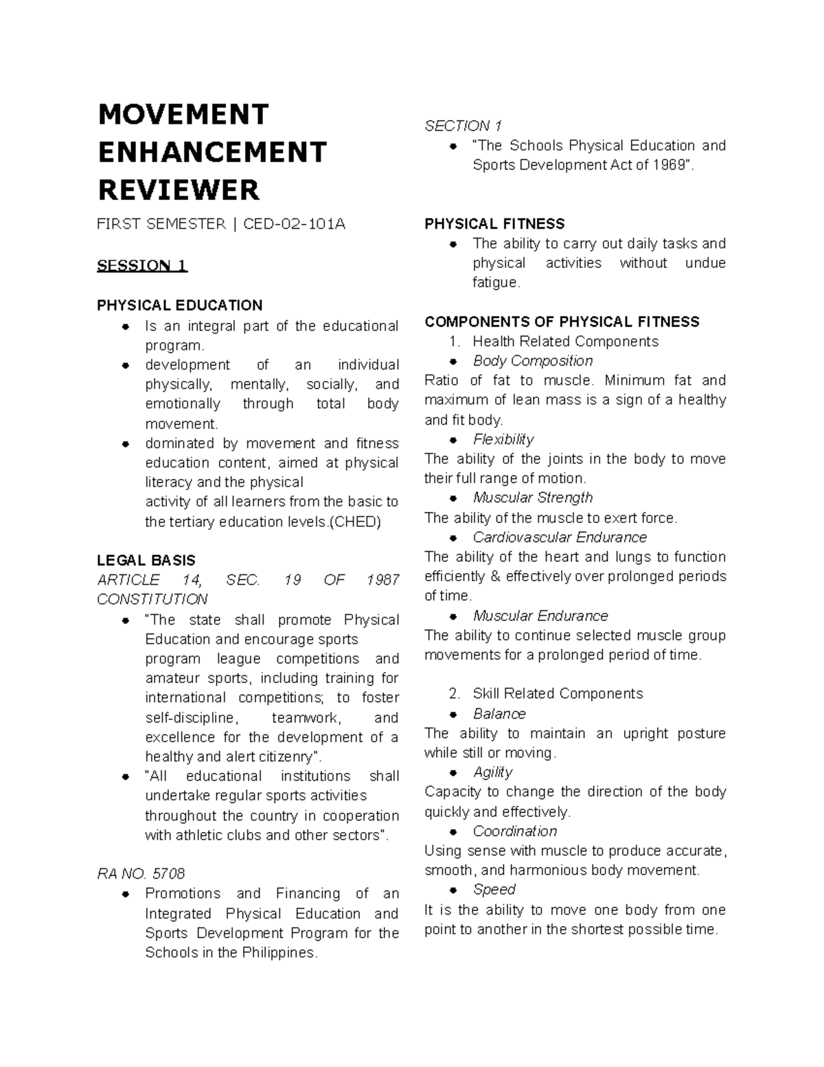 MOVEMENT ENHANCEMENT REVIEWER: PHYSICAL EDUCATION 1ST SEMESTER SESSIONS ...