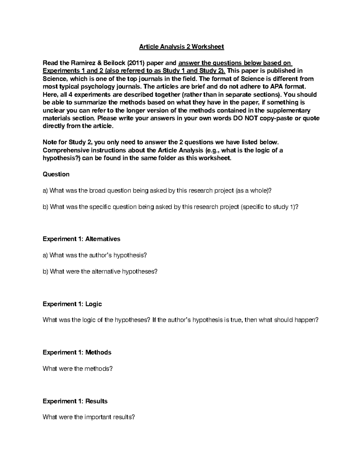 Article Analysis 2 Worksheet: Ramirez & Beilock (2011) Review - Studocu