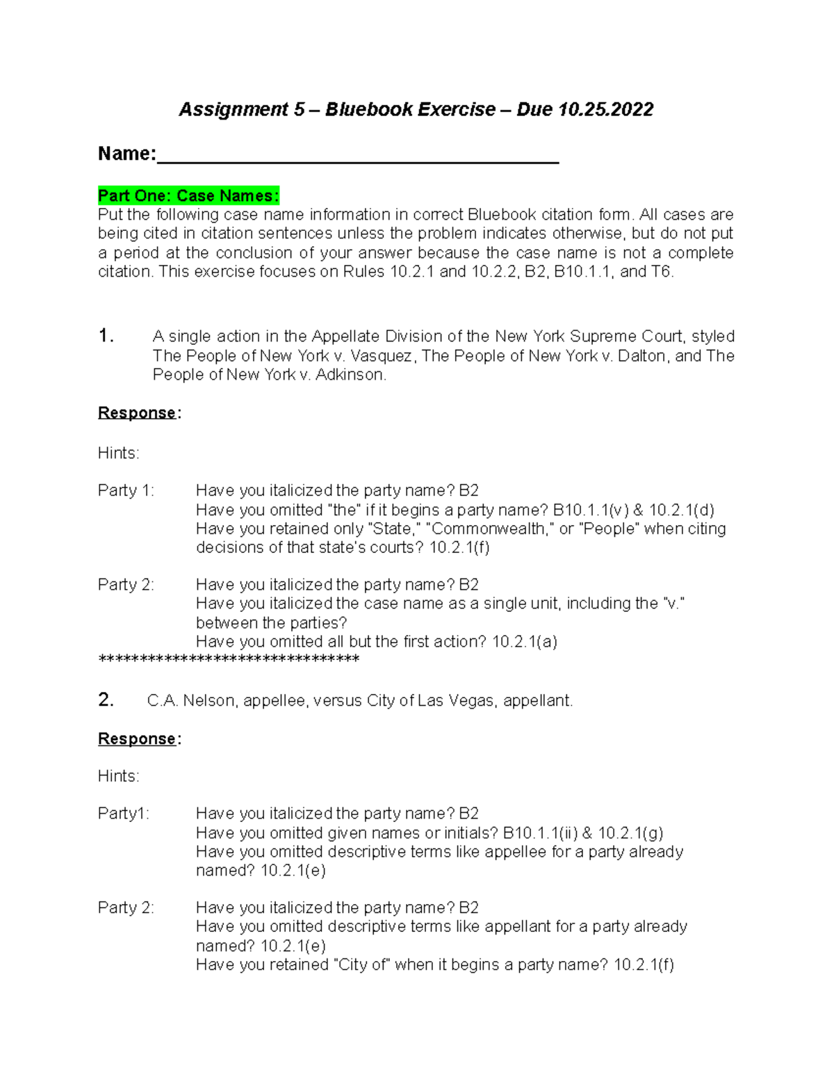 Assignment 5 Bluebook Exercise - Assignment 5 – Bluebook