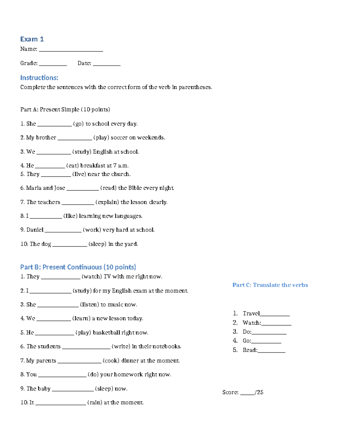 Examen 1: Present Simple y Continuous (Copia) - Studocu