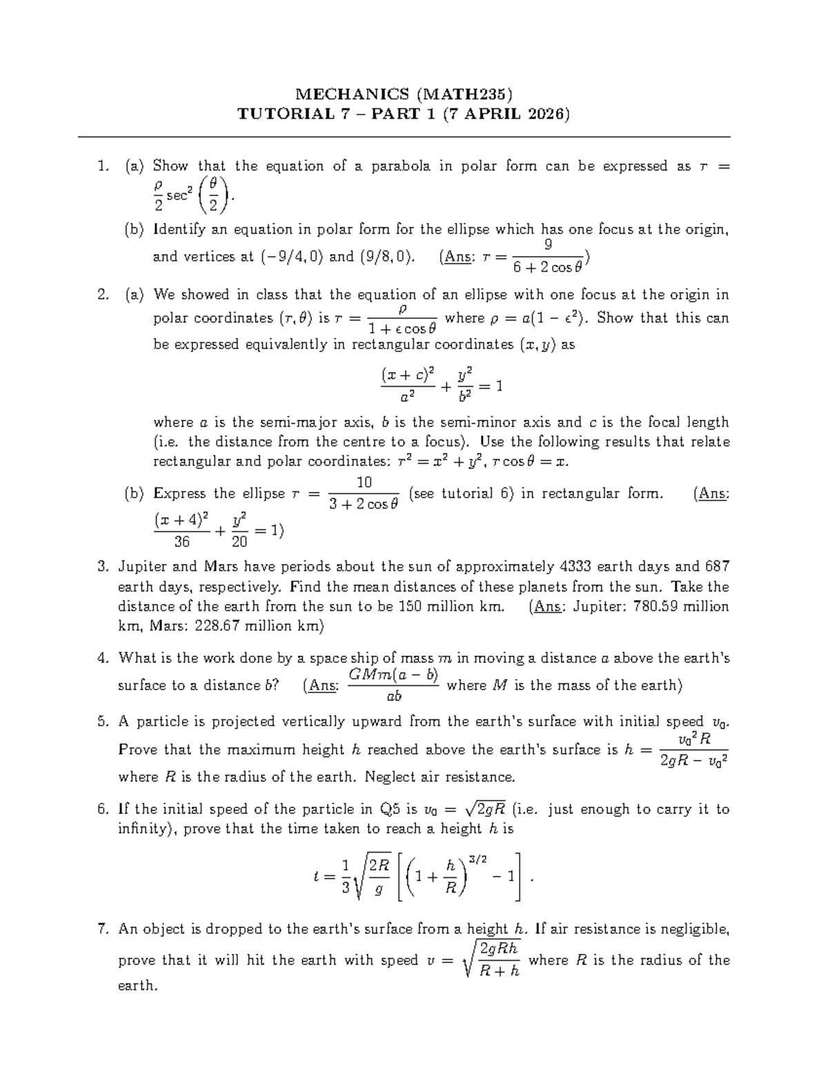 MECHANICS (MATH235) TUTORIAL 7 PART 1 - PARABOLAS & ELLIPSES - Studocu