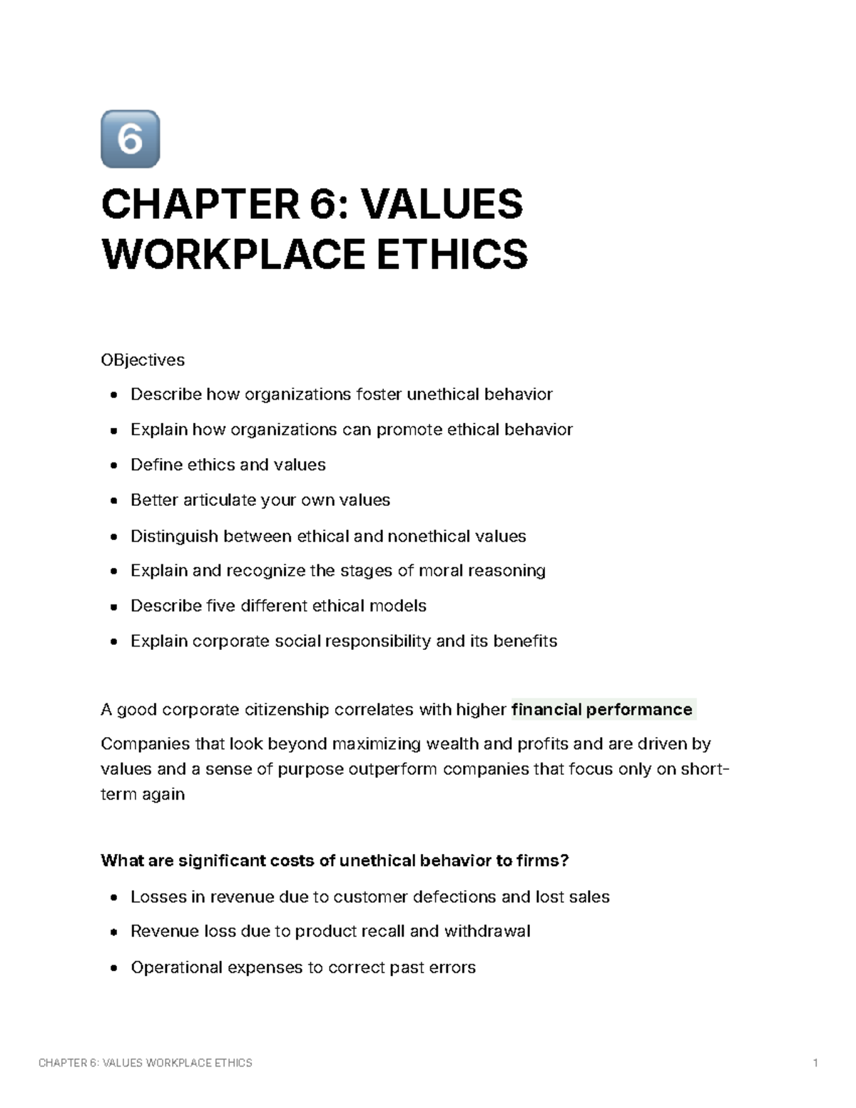 Chapter 6: Values and Ethics in the Workplace (0d39bdaef) - Studocu