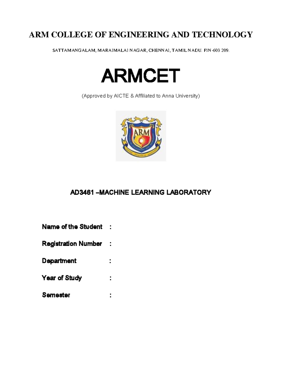 AD3461 - Machine Learning Laboratory Practical Report - Studocu