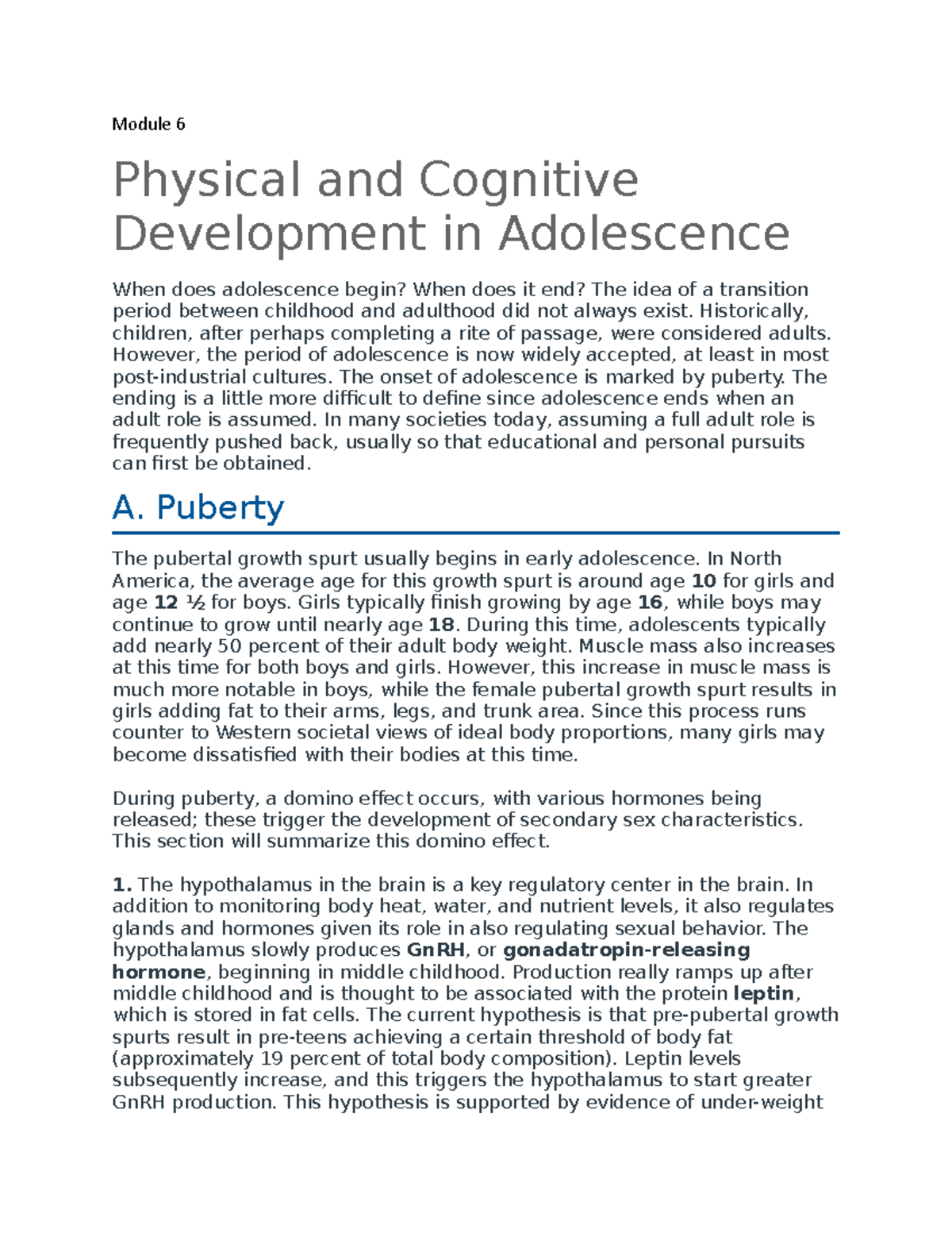 Module 6 - notes - Module 6 Physical and Cognitive Development in ...