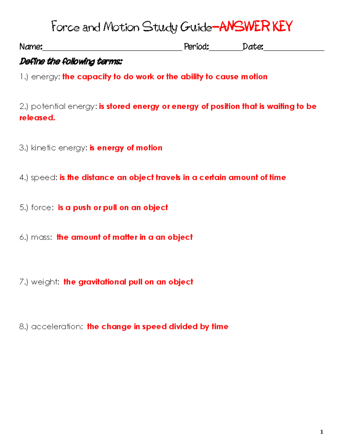 Force and Motion Study Guide: Key Concepts and Definitions - Studocu