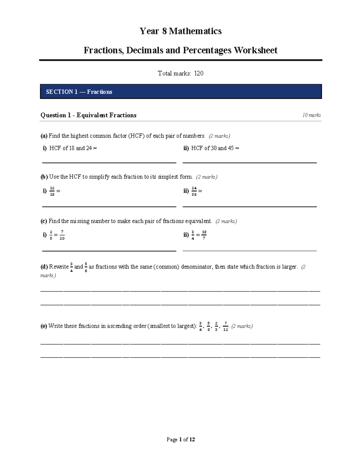 Year 8 Maths: Fractions, Decimals & Percentages Worksheet - Studocu