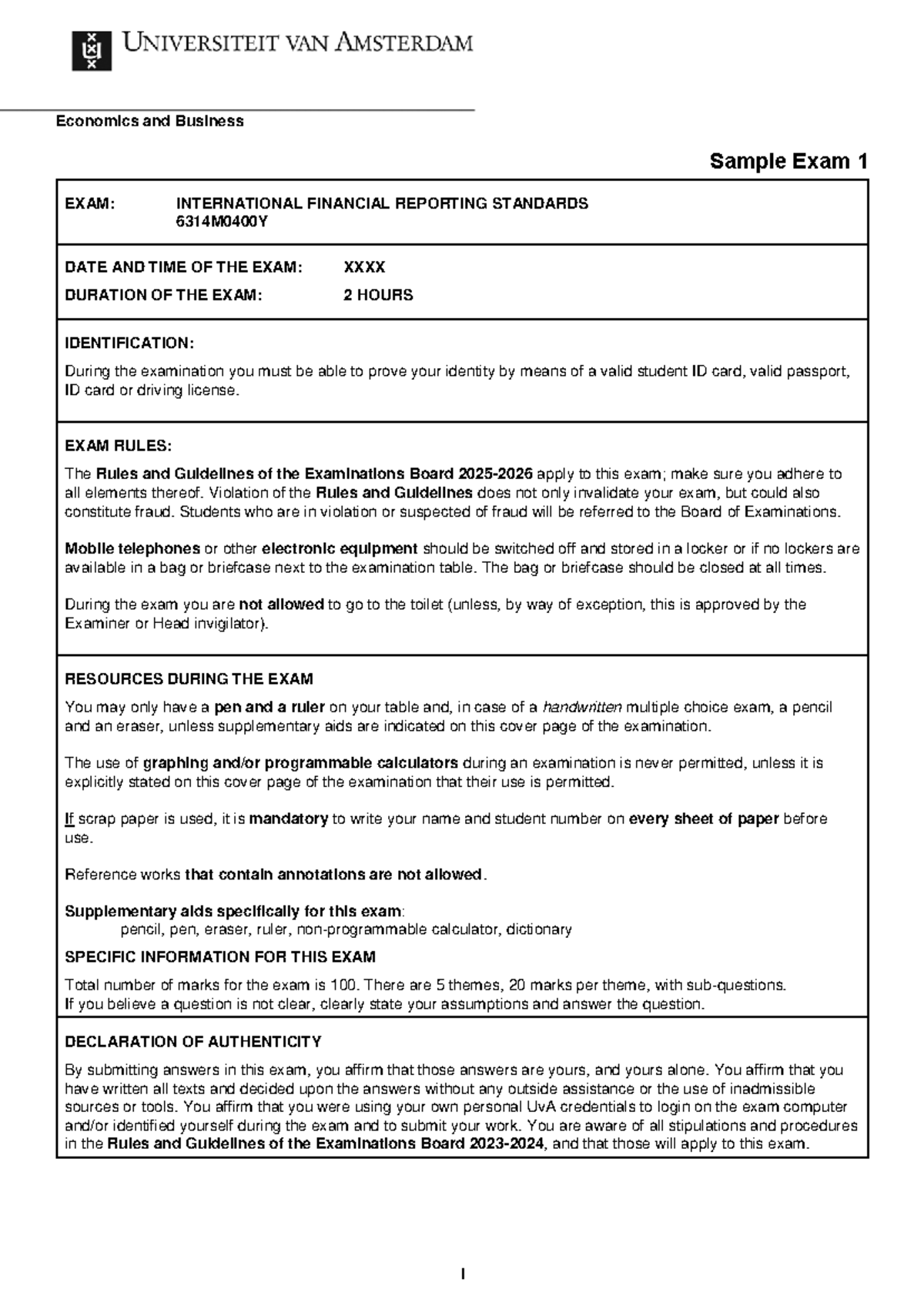 IFRS Sample Exam 1 (6314M0400Y) - International Financial Reporting ...