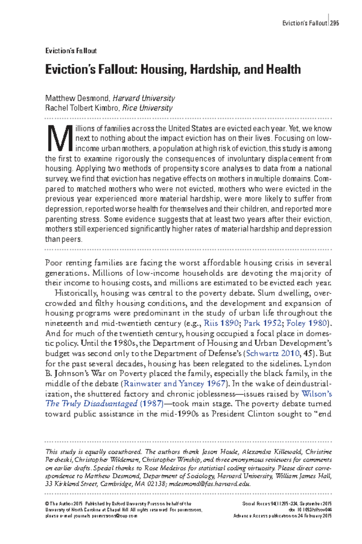 Eviction's Fallout: Impact on Maternal & Child Wellbeing in Sociology ...