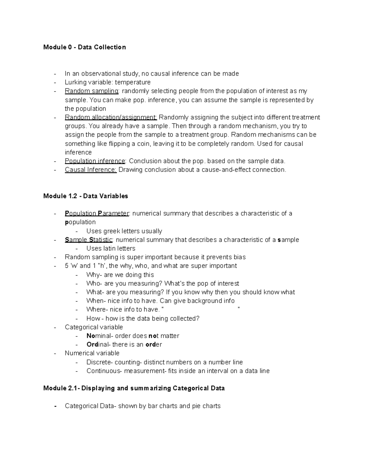 Stat 161 Notes: Key Concepts from Modules 0-3 Summary - Studocu