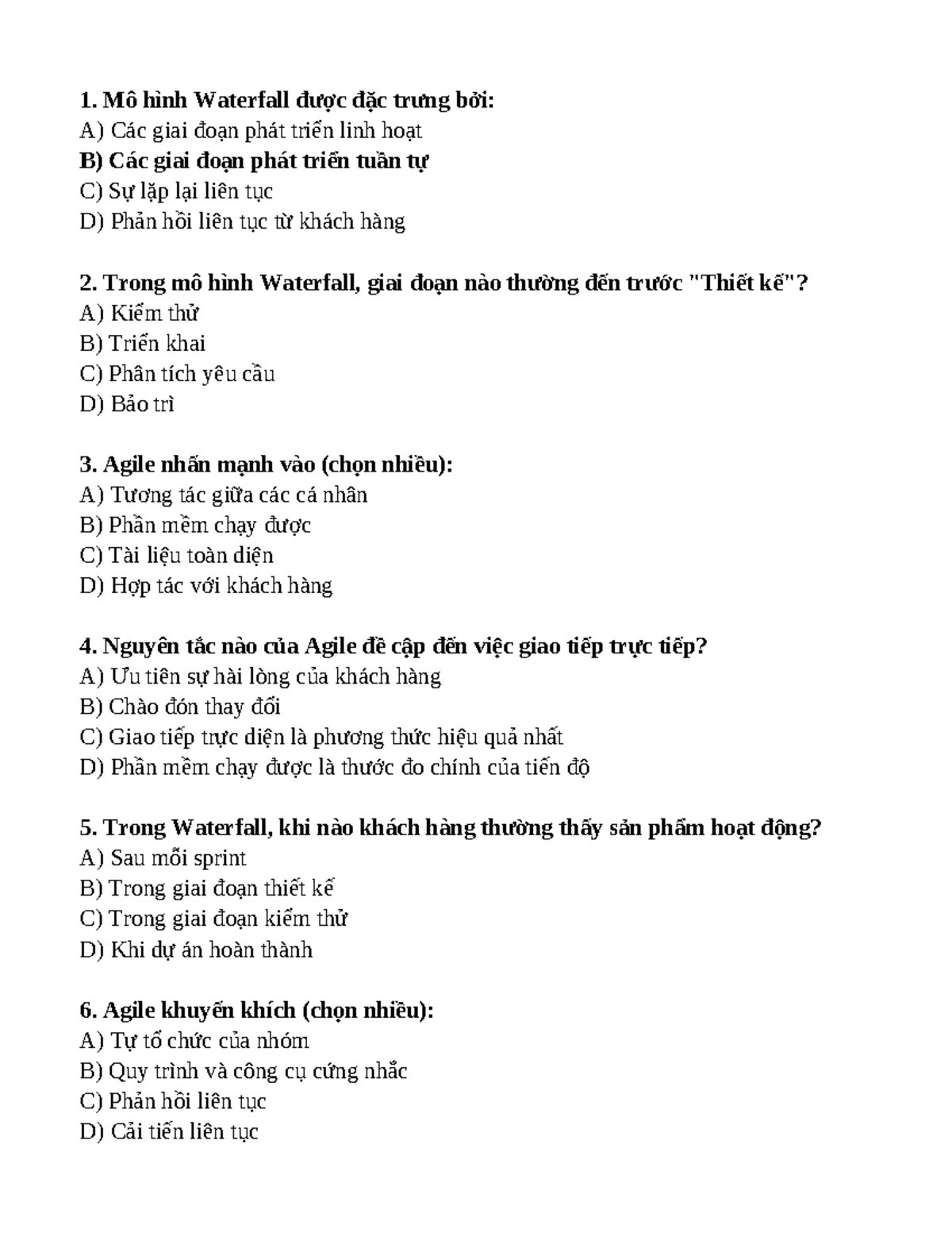Tổng hợp câu hỏi và đáp án về mô hình Waterfall và Agile (CS101) - Document Preview