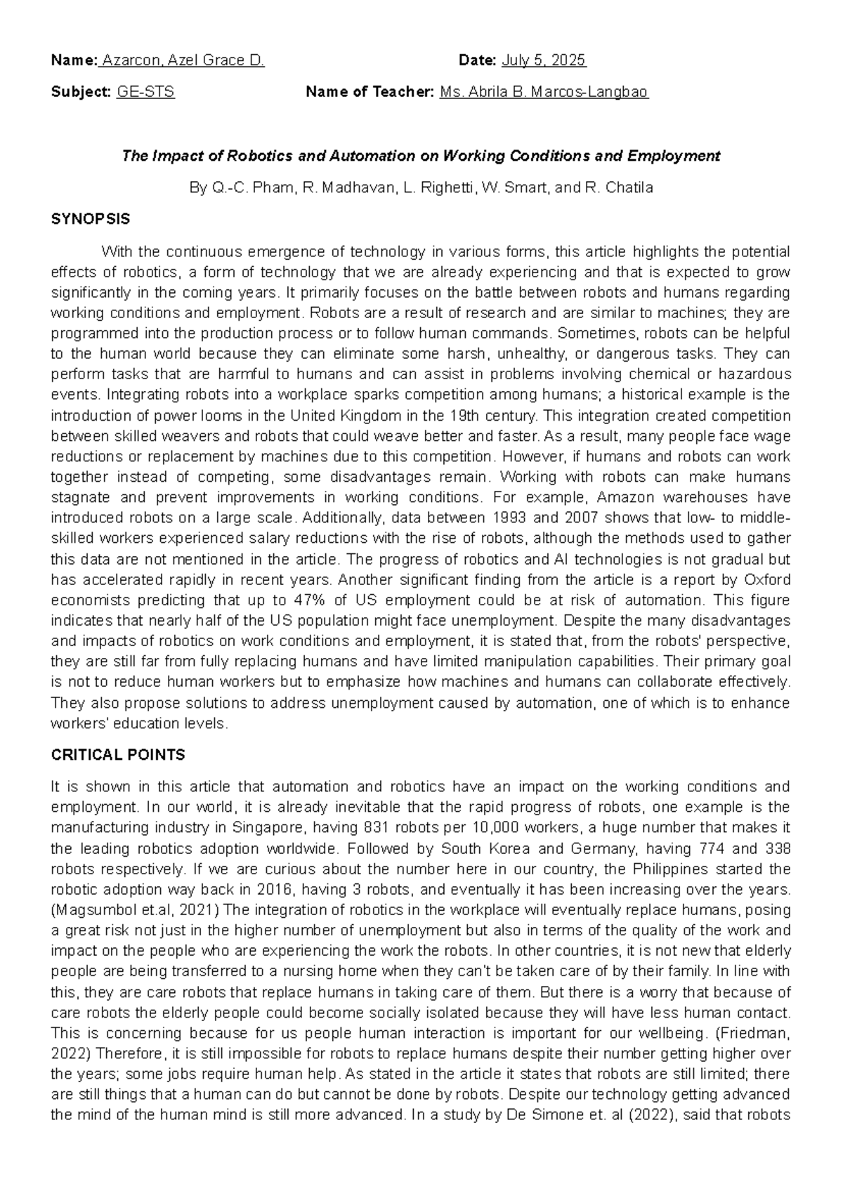The Impact of Robotics and Automation on Employment Conditions: A ...