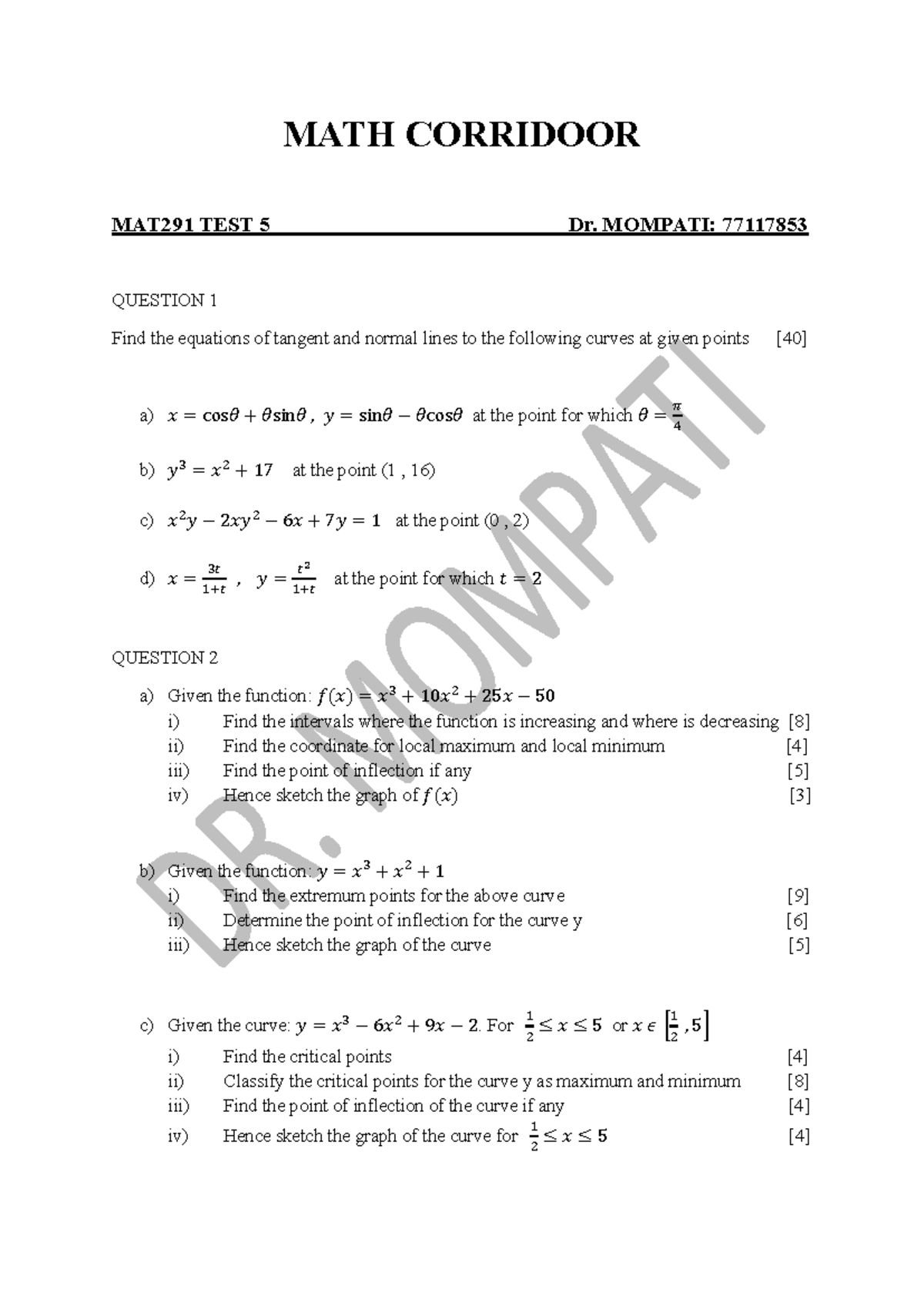 MAT 291 TEST 5 - Tangent & Normal Lines, Extrema, and Inflection Points ...