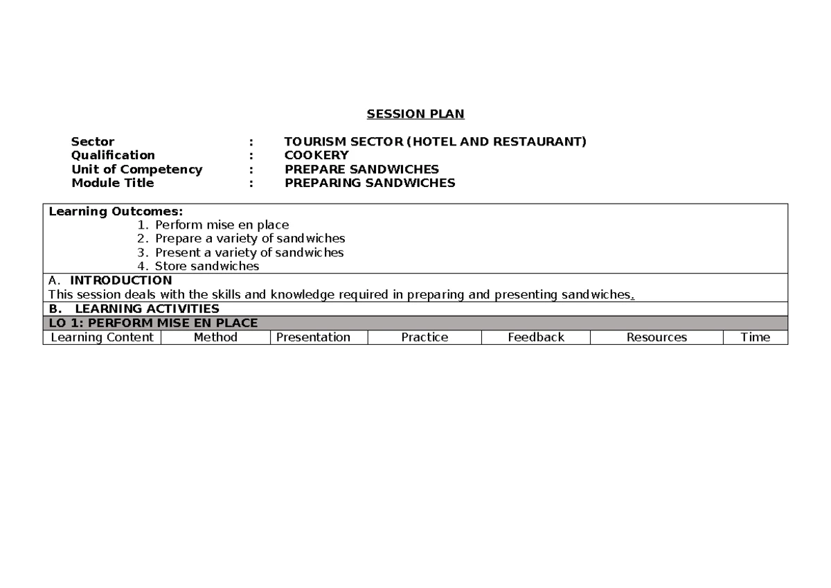 WBL Session Plan: Prepare Vegetable Dishes for Cookery NC II - Studocu