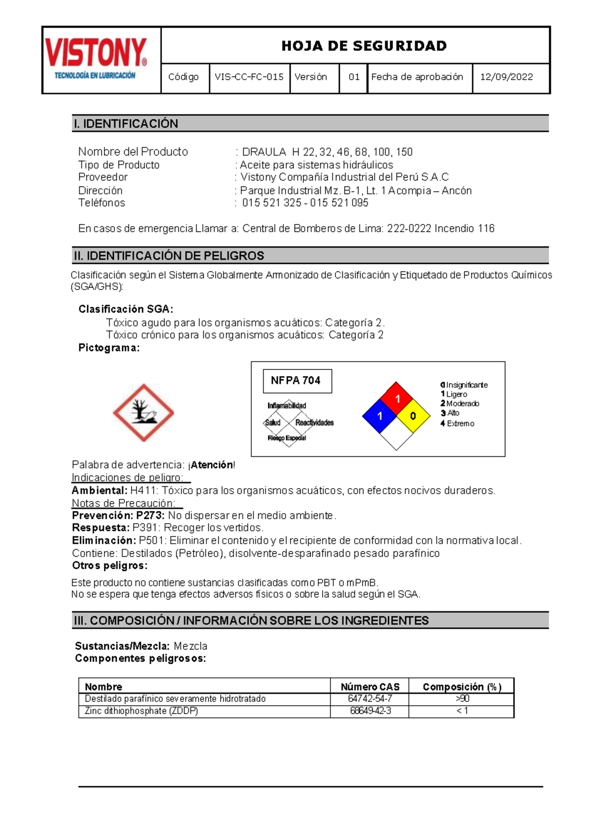 SDS Draula H - Hoja de Seguridad y Manejo de Riesgos - Document Preview