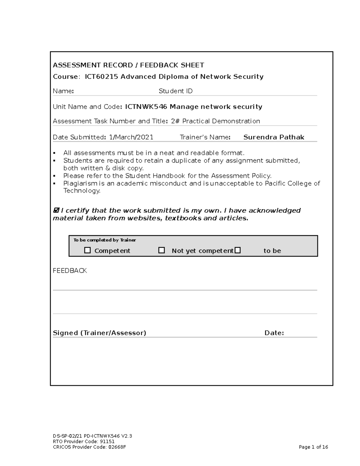 Ictnwk 546 Manage network security - ASSESSMENT RECORD / FEEDBACK SHEET ...