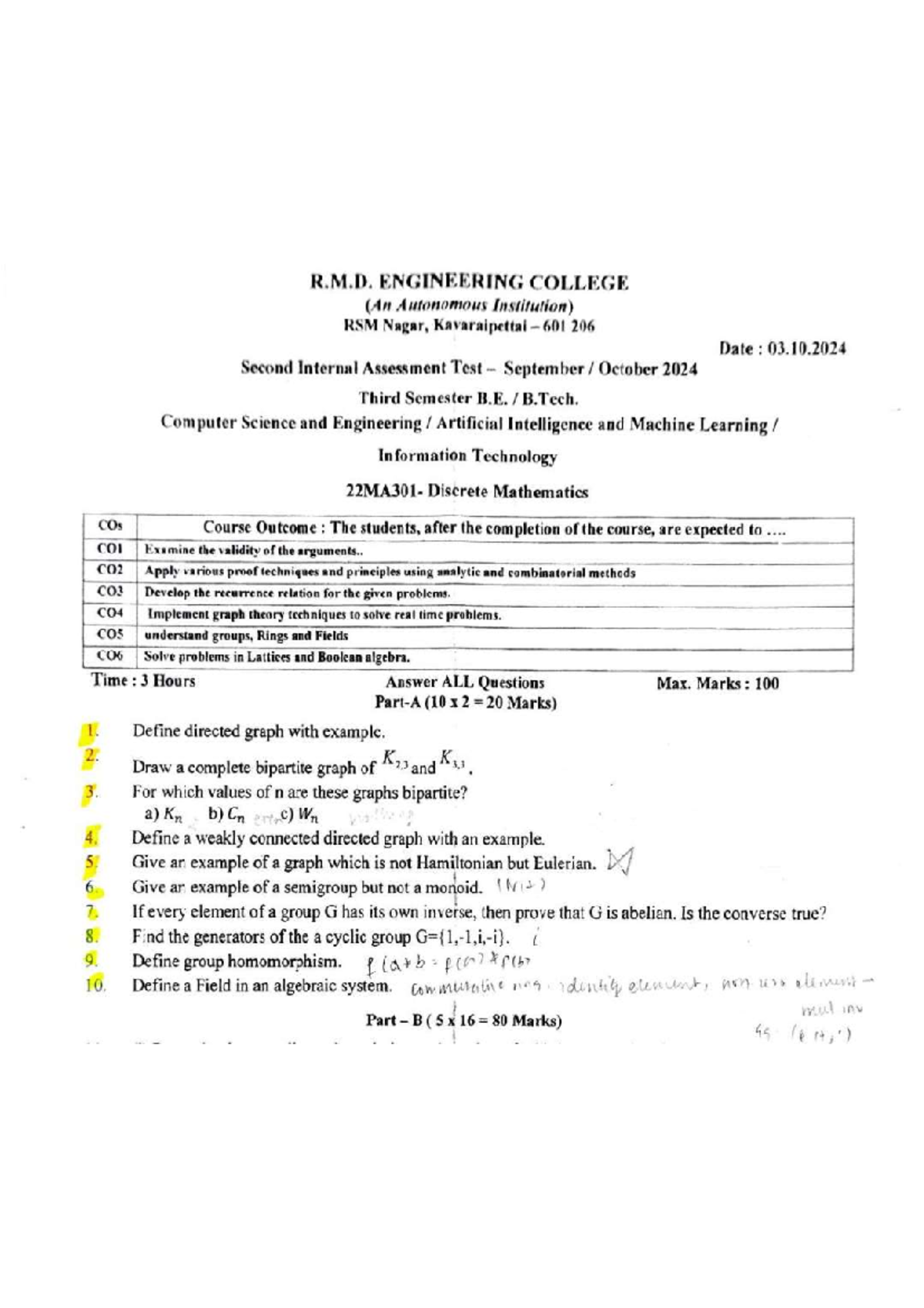 Maths SIAT Last Year - Second Internal Assessment Test B.E. 3.Tech. CSE ...