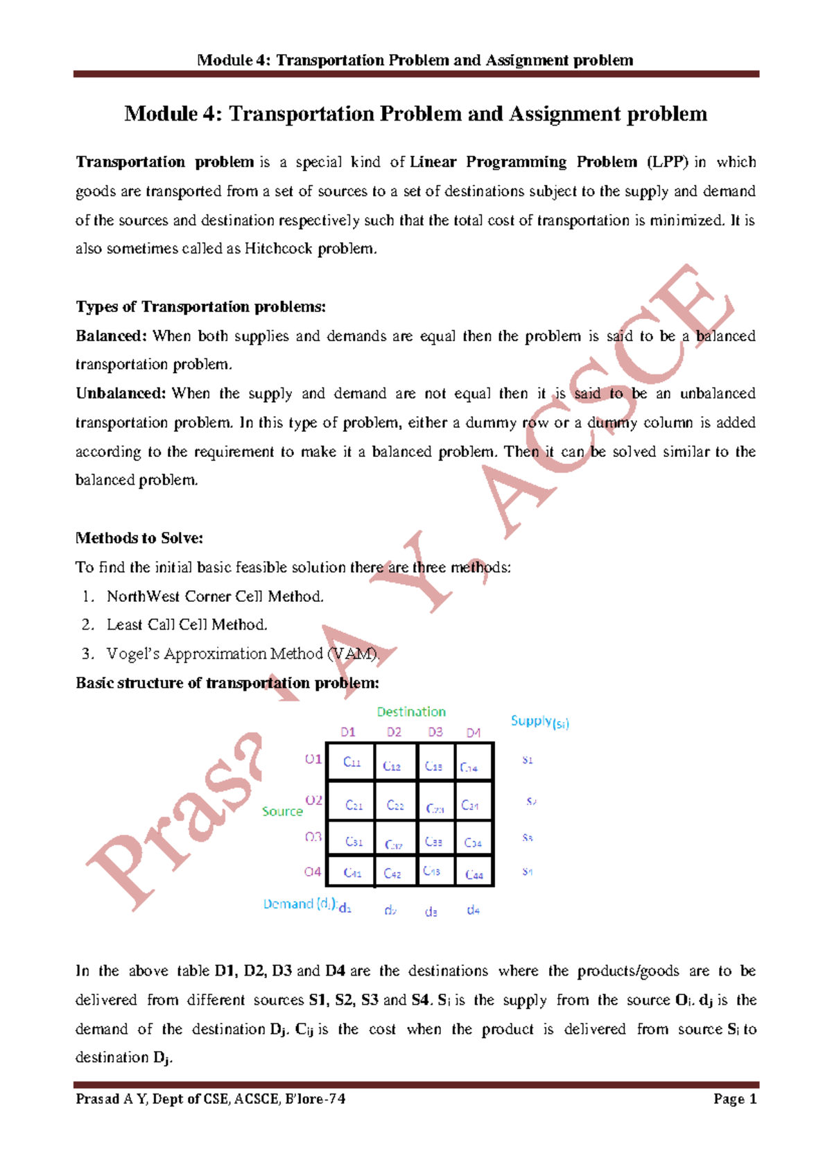 Transportation and assignment - Module 4: Transportation Problem and ...
