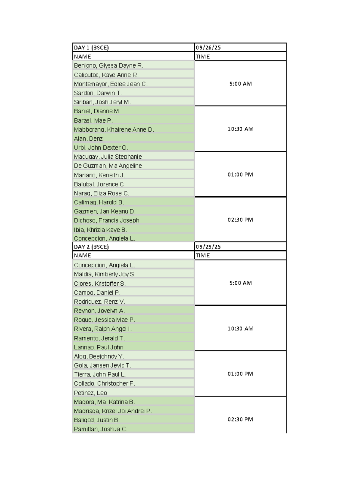 BSCE Class Schedule Overview: Days 1-4 - Studocu