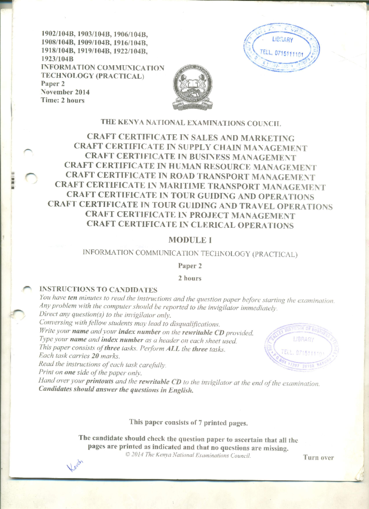 ICT Practical Paper 2 - November 2014 Exam (KNEC 20100) - Studocu