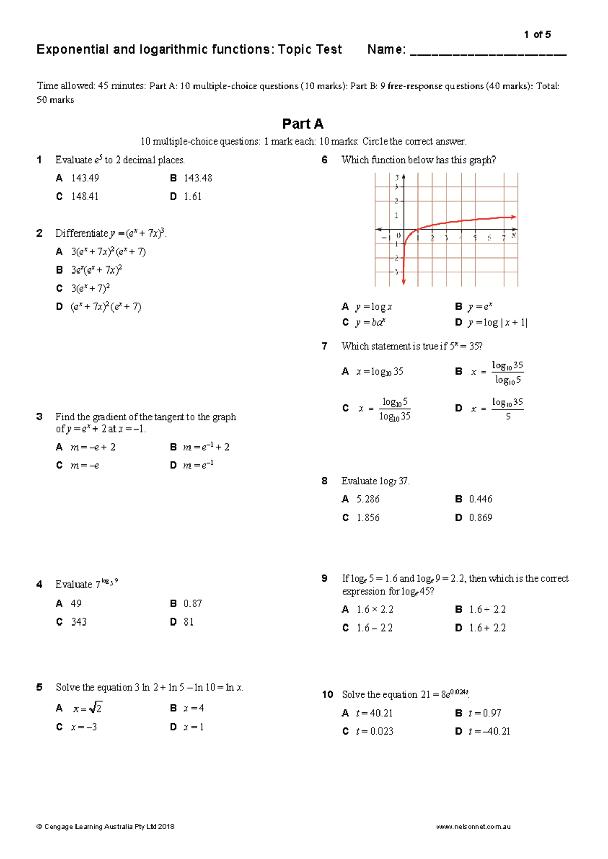 11 Adv Maths: Exponential & Logarithmic Functions Topic Test - Studocu