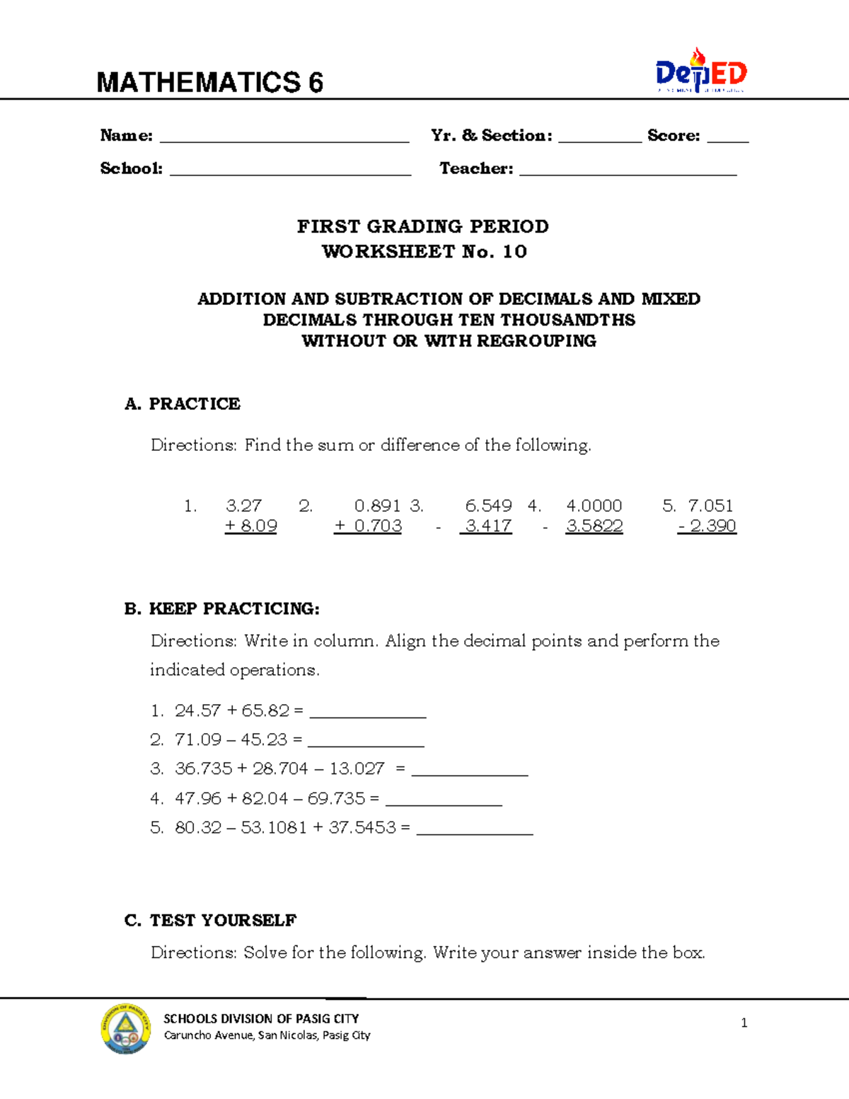 Math 6-Q1-DW10 - Modules - 1 MATHEMATICS 6 SCHOOLS DIVISION OF PASIG ...