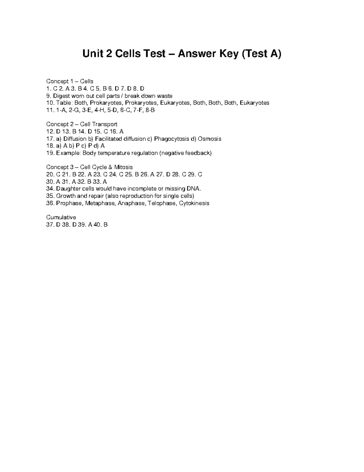 Unit 2 Cells Test A Answer Key - Concepts & Solutions - Studocu