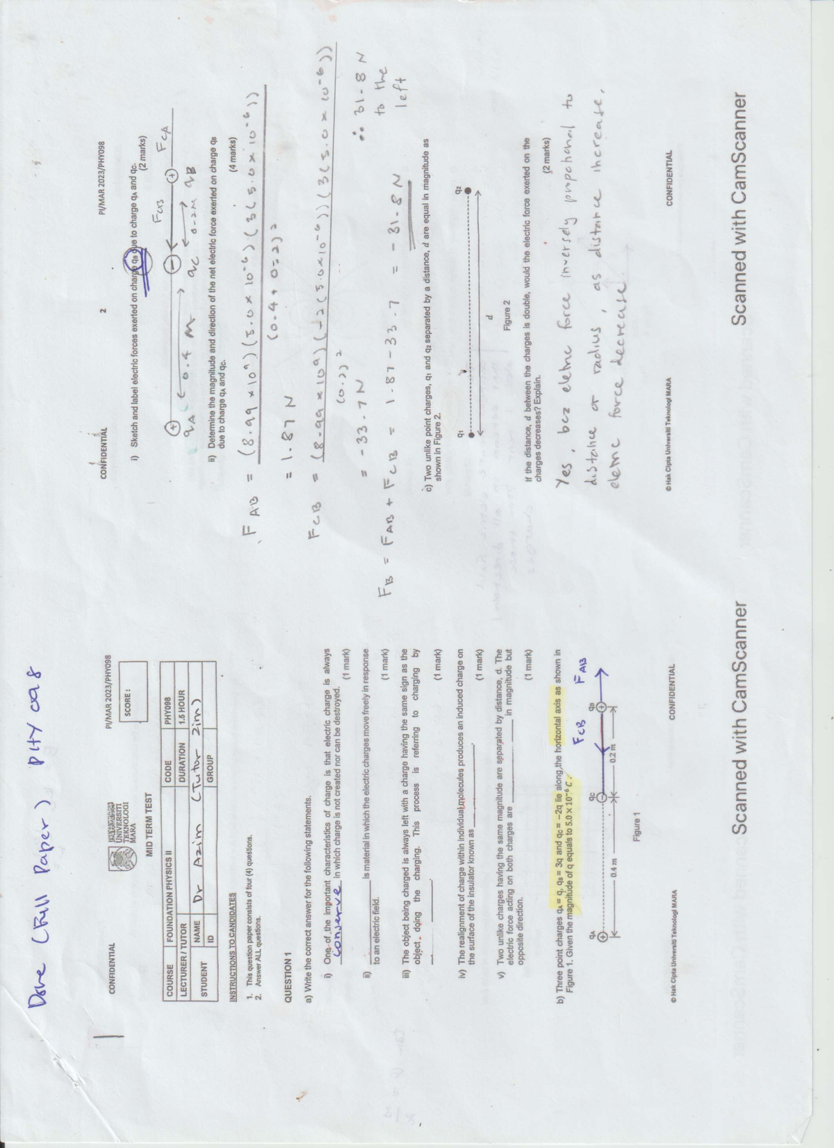 PHY098 Midterm Test Solutions - March 2023 - Studocu