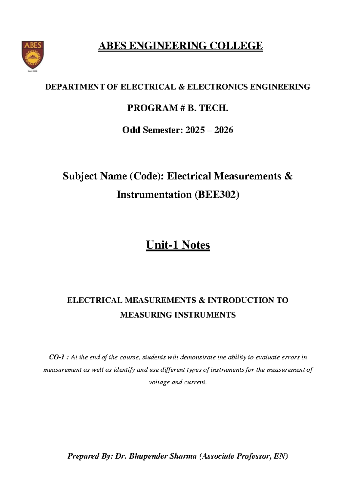 Electrical Measurements & Instrumentation (BEE302) Unit 1 Notes - Studocu