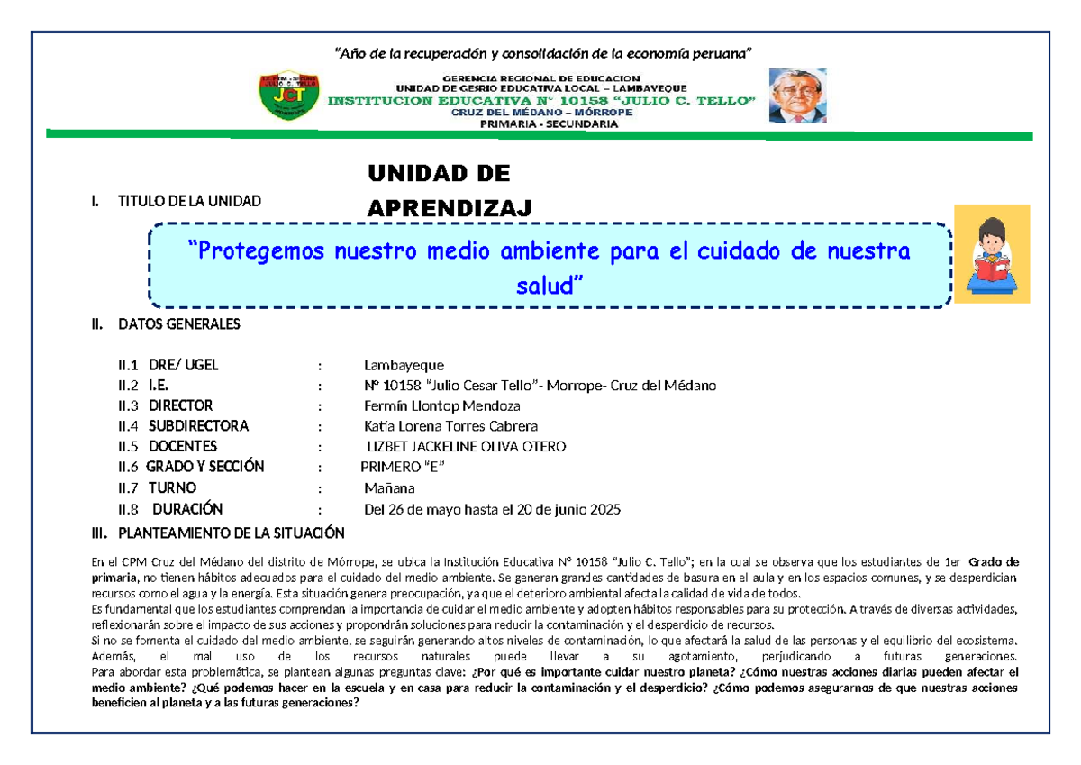 Unidad de Aprendizaje 03: Cuidado del Medio Ambiente - 2025 - Studocu