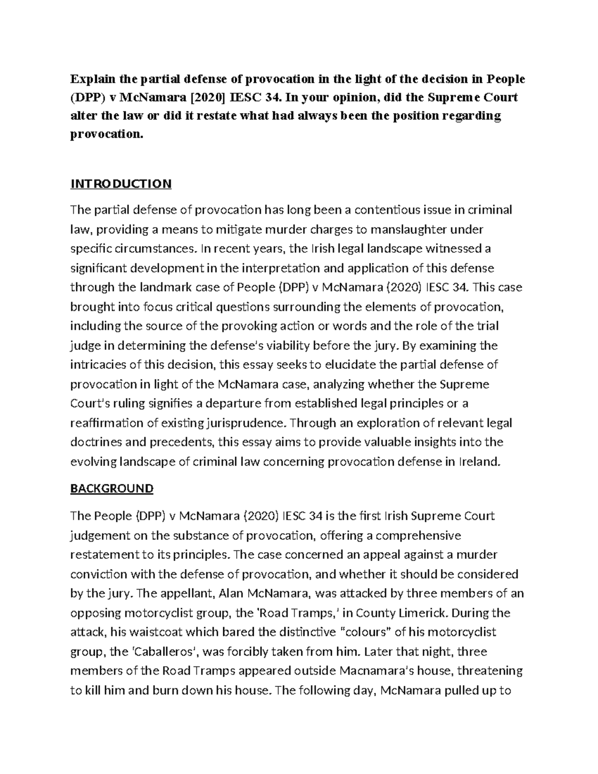 Partial Defense of Provocation in People (DPP) v McNamara [2020] IESC ...