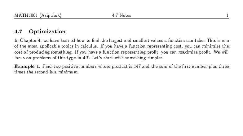 MATH1061 (Asipchuk) Chapter 4.7 Optimization Notes - Studocu