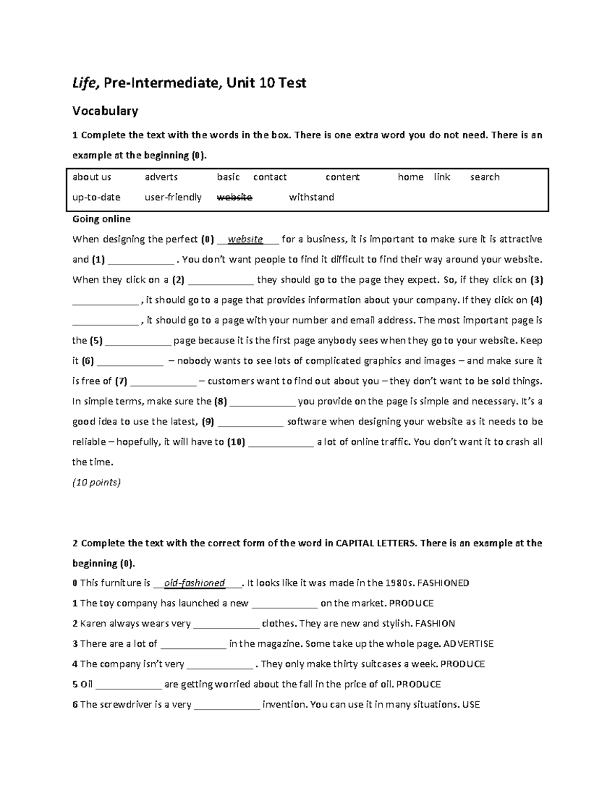 Life 2e Pre-Intermediate Unit 10 Test: Vocabulary & Grammar Exercises ...