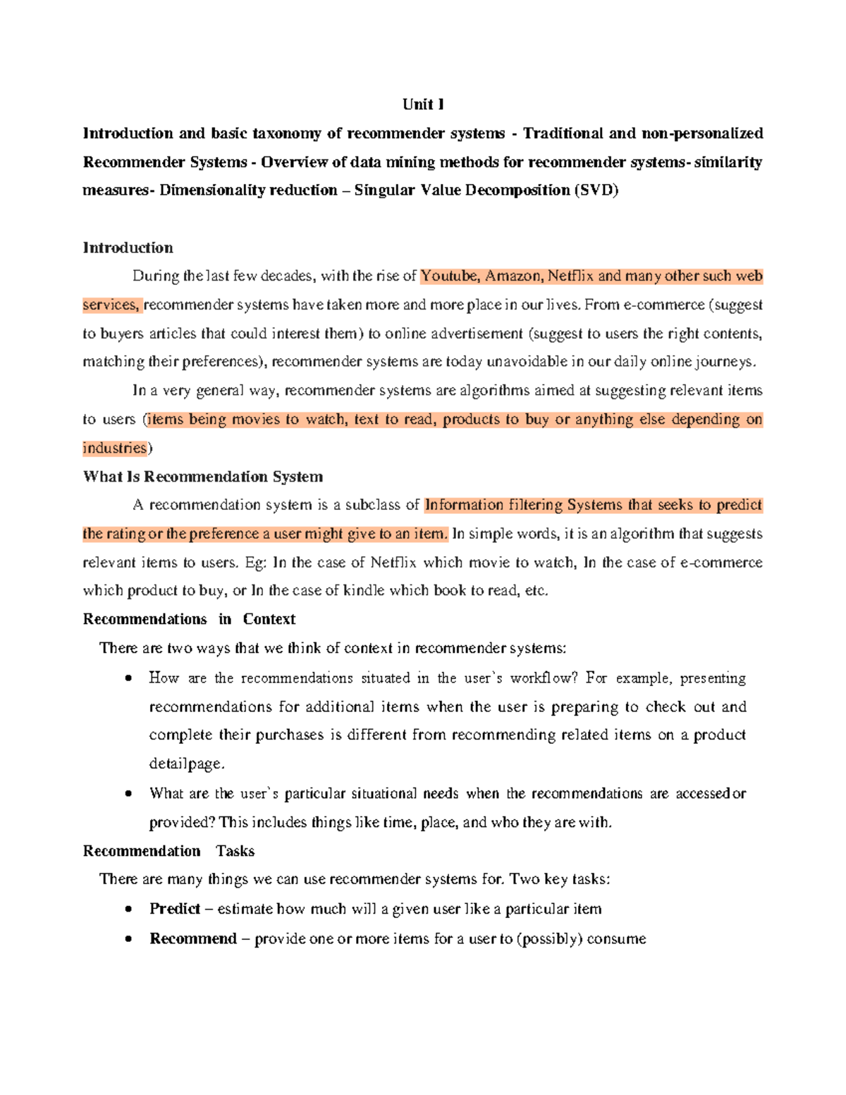 Unit I: Intro to Recommender Systems & Data Mining Methods - Studocu