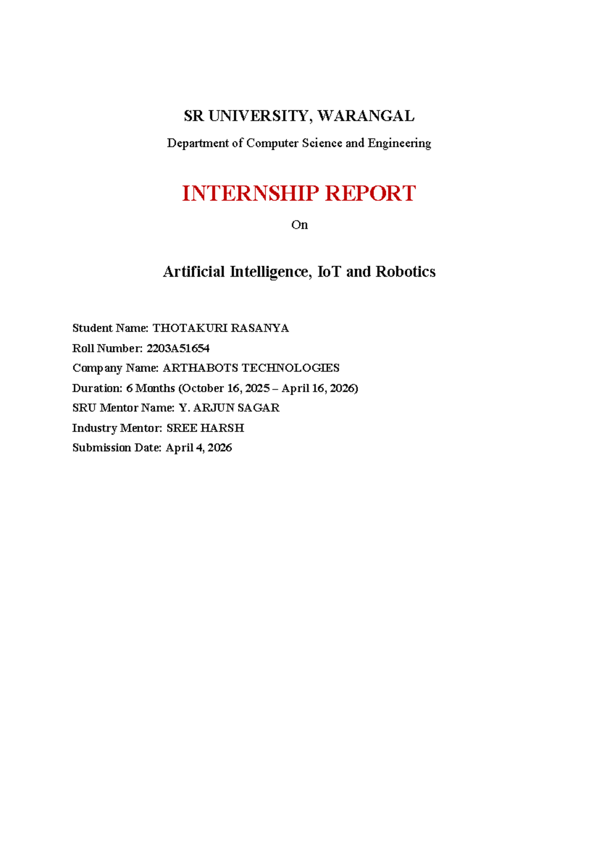 Internship Report on AI, IoT & Robotics - CSE 2203A51654 - Studocu