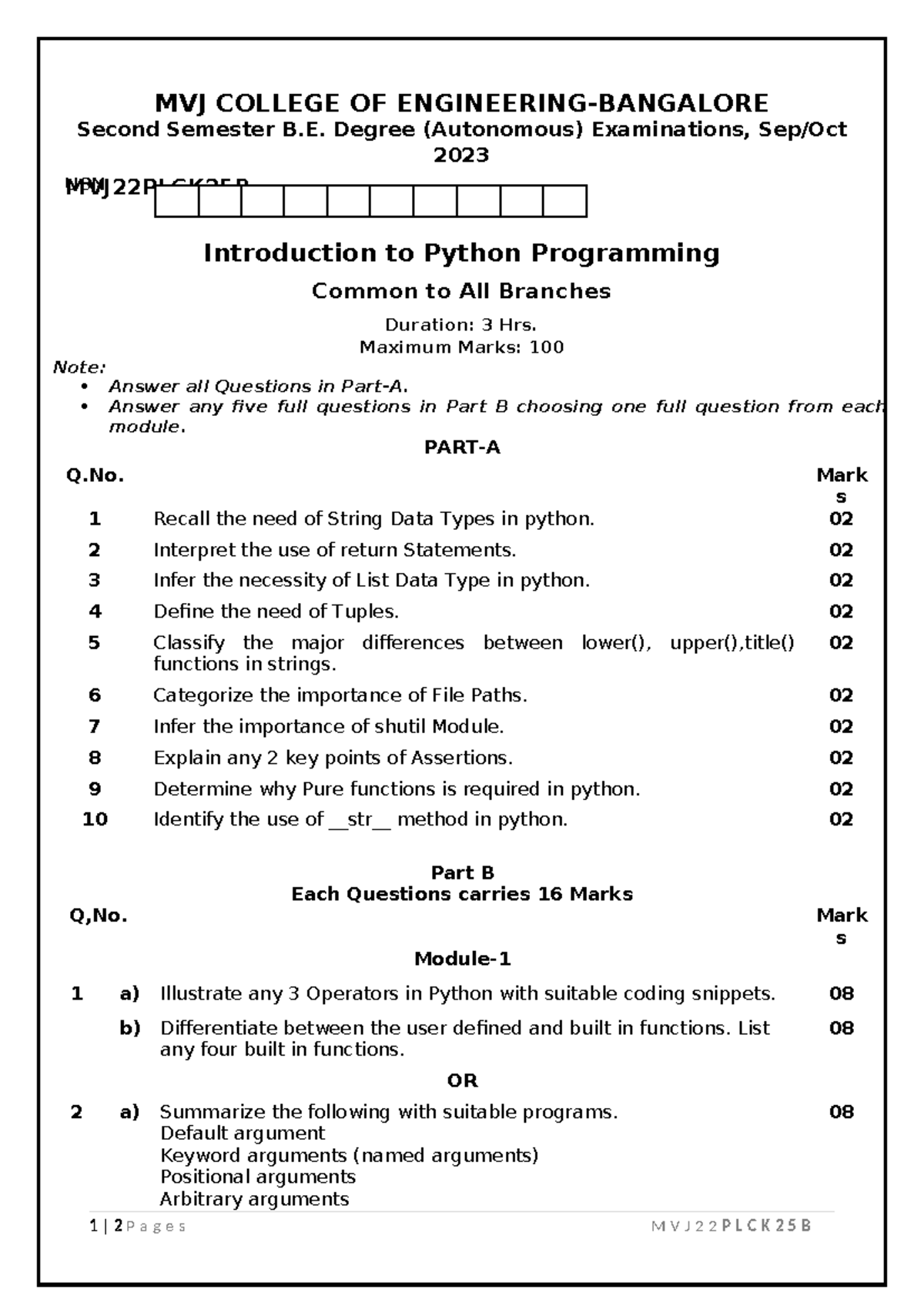 MVJ22PLCK25B Second Sem B.E. Python Programming Exam 2023 - Studocu