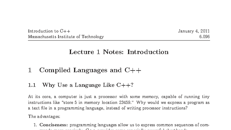 C++ 6.096 Lecture 1 Notes: Introduction to Compiled Languages - Studocu