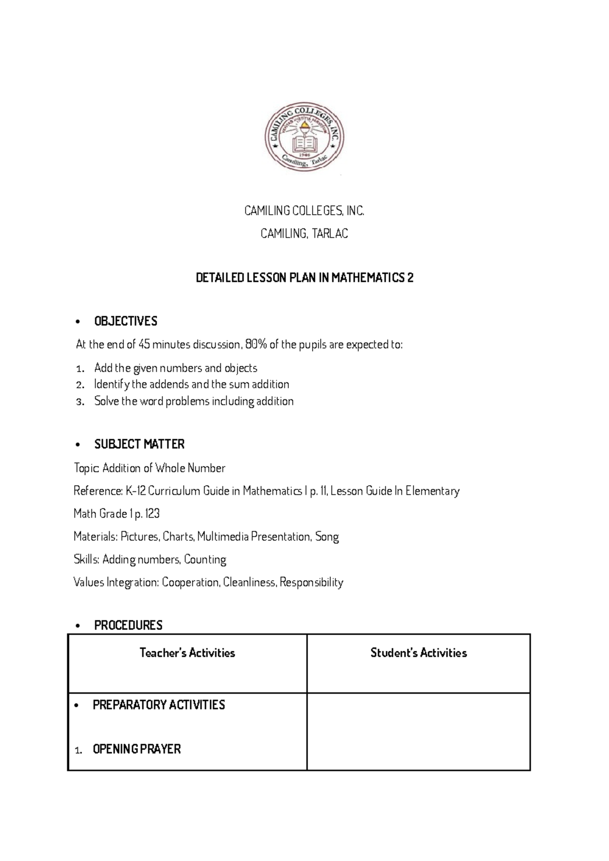 DLP-MATH 2: Detailed Lesson Plan on Addition for Grade 1 - Studocu