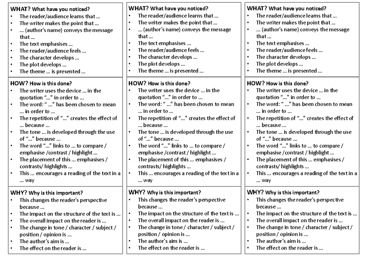 Analyzing Texts: WHAT, HOW, WHY Prompt Strips - Study Guide - Studocu