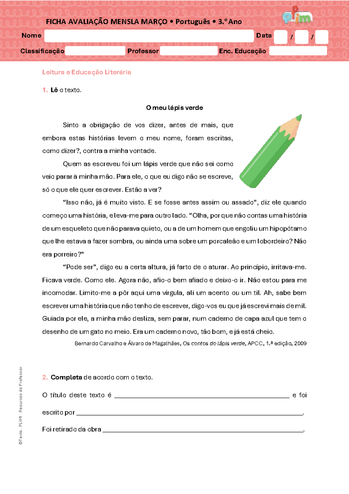 Ficha de Avaliação Mensal - Março - 3.º Ano - Português e Matemática ...