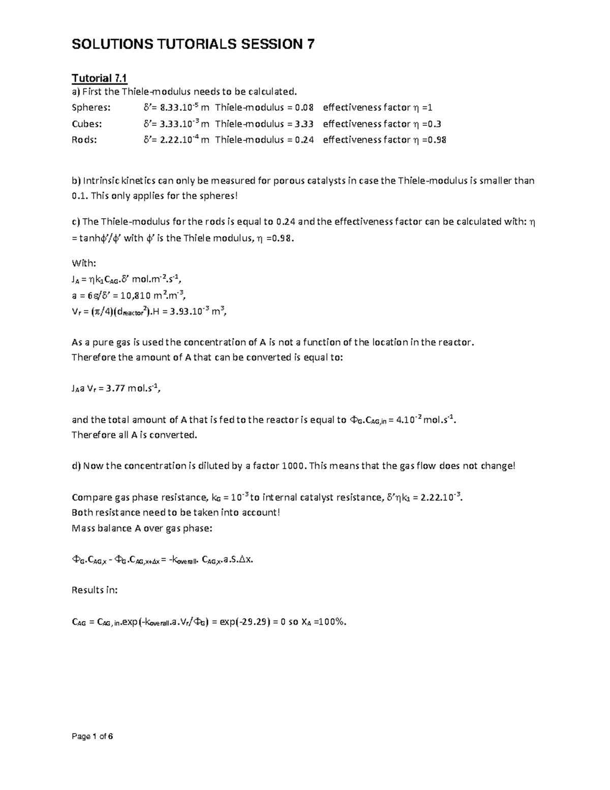 Tutorial 7 Solutions for Chemical Reaction Engineering (CHE 312 ...