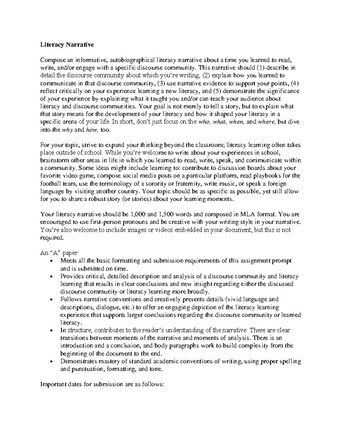 ENG 101: Literacy Narrative Assignment Guidelines and Outline - Studocu