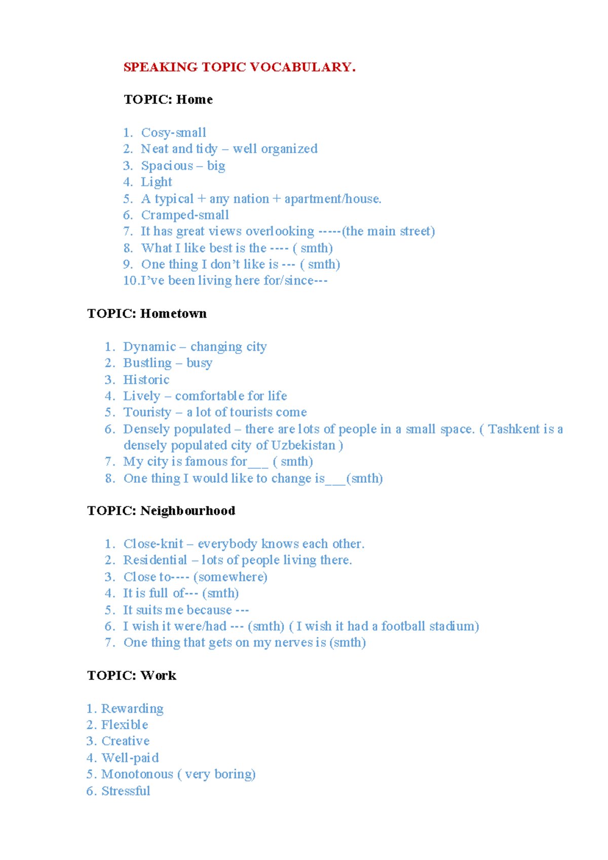 SPEAKING TOPIC VOCABULARY: Home, Hometown, Neighbourhood, Work - Studocu