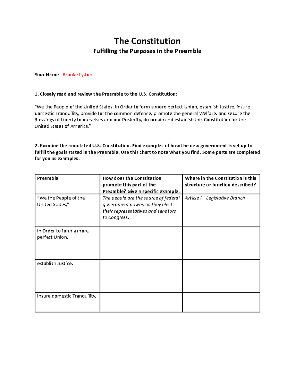 Constitution Assignment: Analyzing the Preamble's Purpose - Studocu